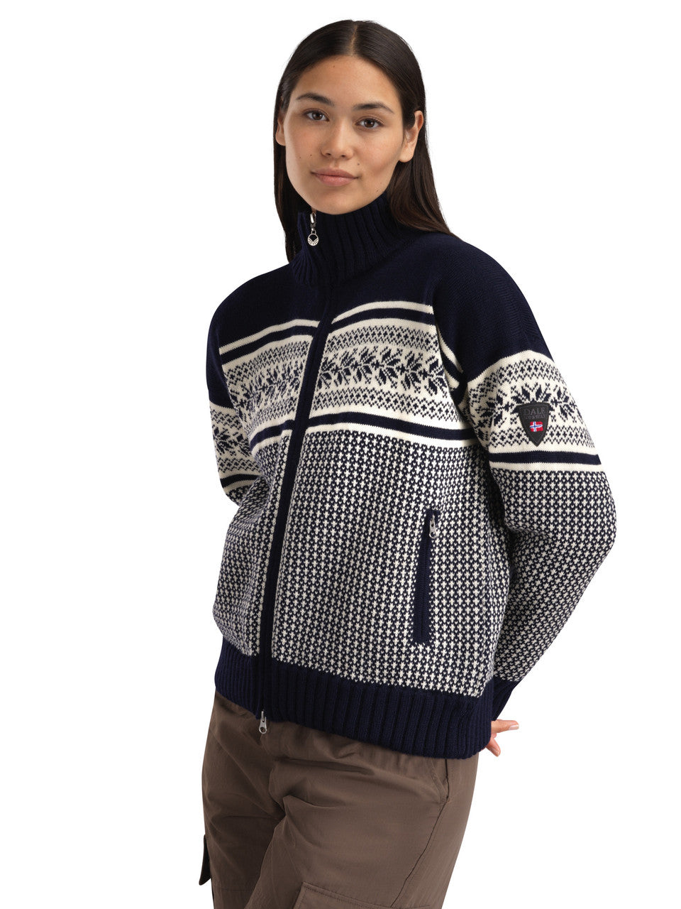 Dale of Norway Vola windproof women's jacket in Navy and Off White, three-quarter modeled view