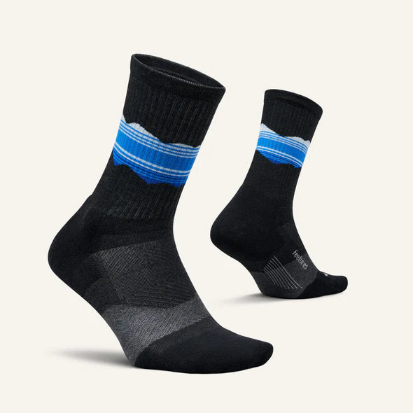 Feetures Trail Max Cushion Mini Crew. Charcoal/Blue. Lateral/Medial view.