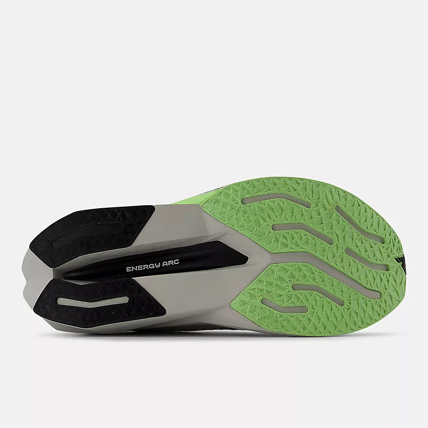 Men's New Balance FuelCell SuperComp Trainer v3. Grey upper. Grey and green midsole. Bottom view.