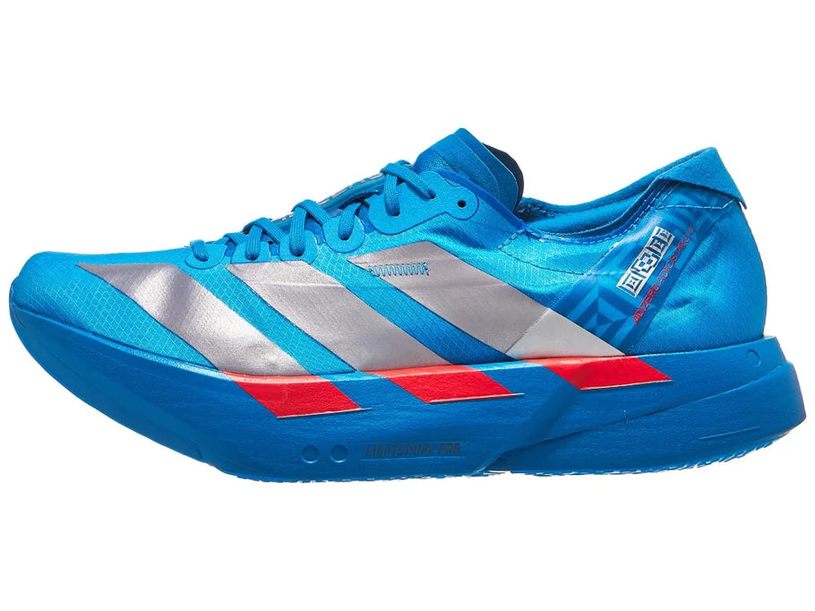 Men's Adidas Adios Pro 4. Blue upper. Blue midsole. Lateral view.