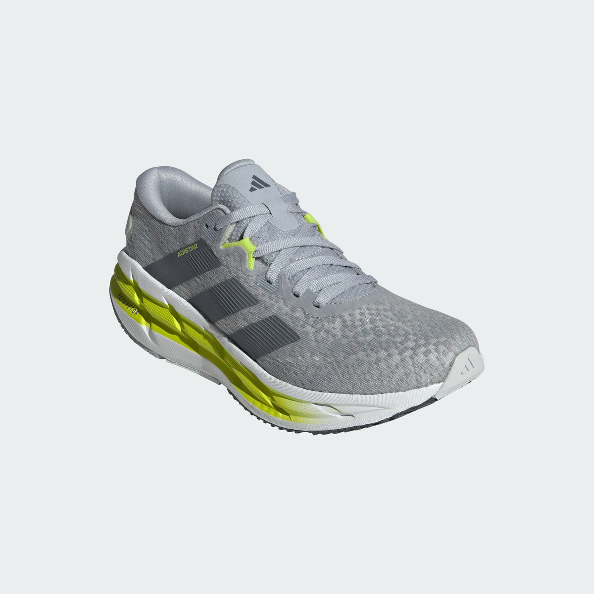 Men's Adidas Adistar 4. Grey upper. White and yellow midsole. Lateral view.