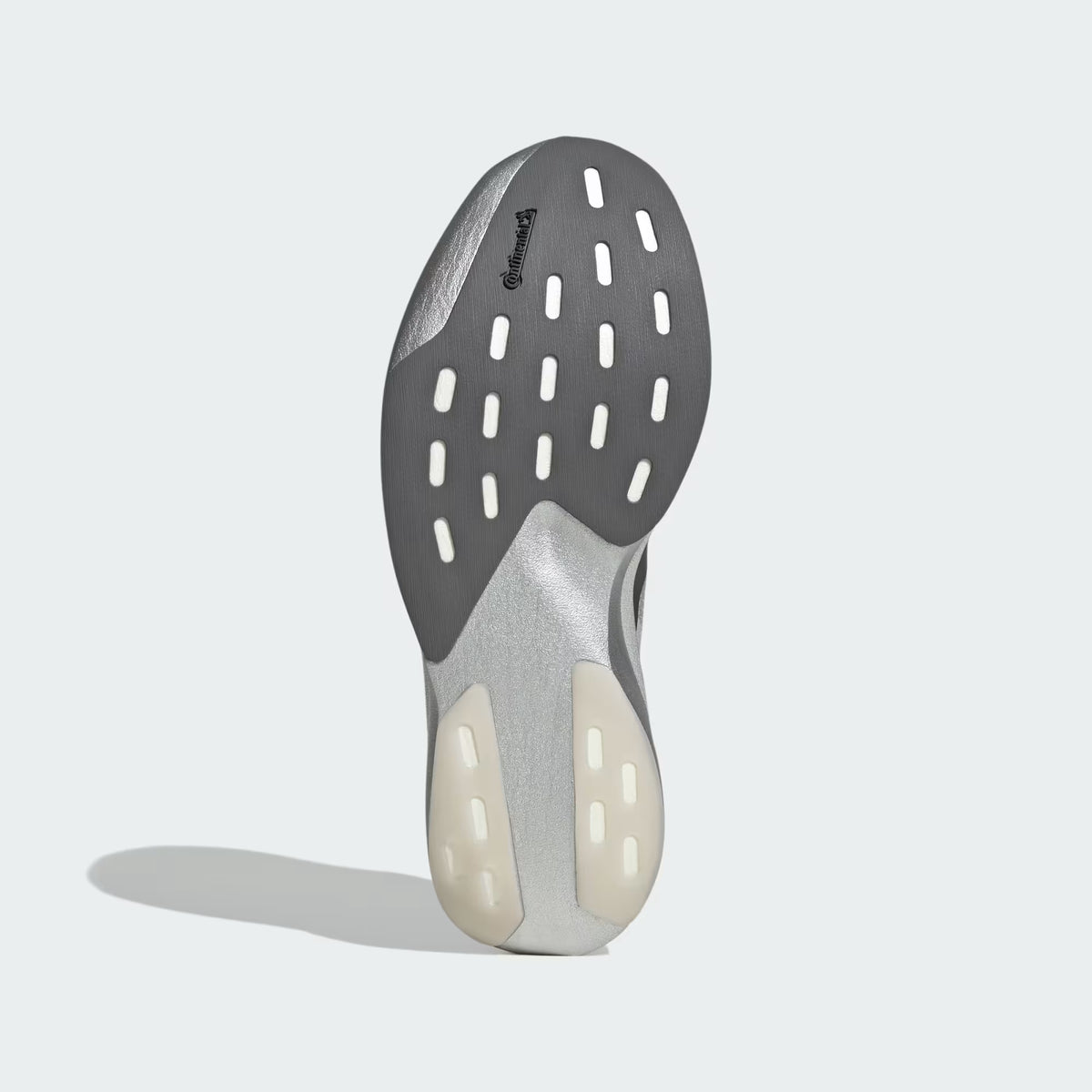 Men's Adidas Adizero EVO SL. Silver upper. Silver midsole. Bottom view.