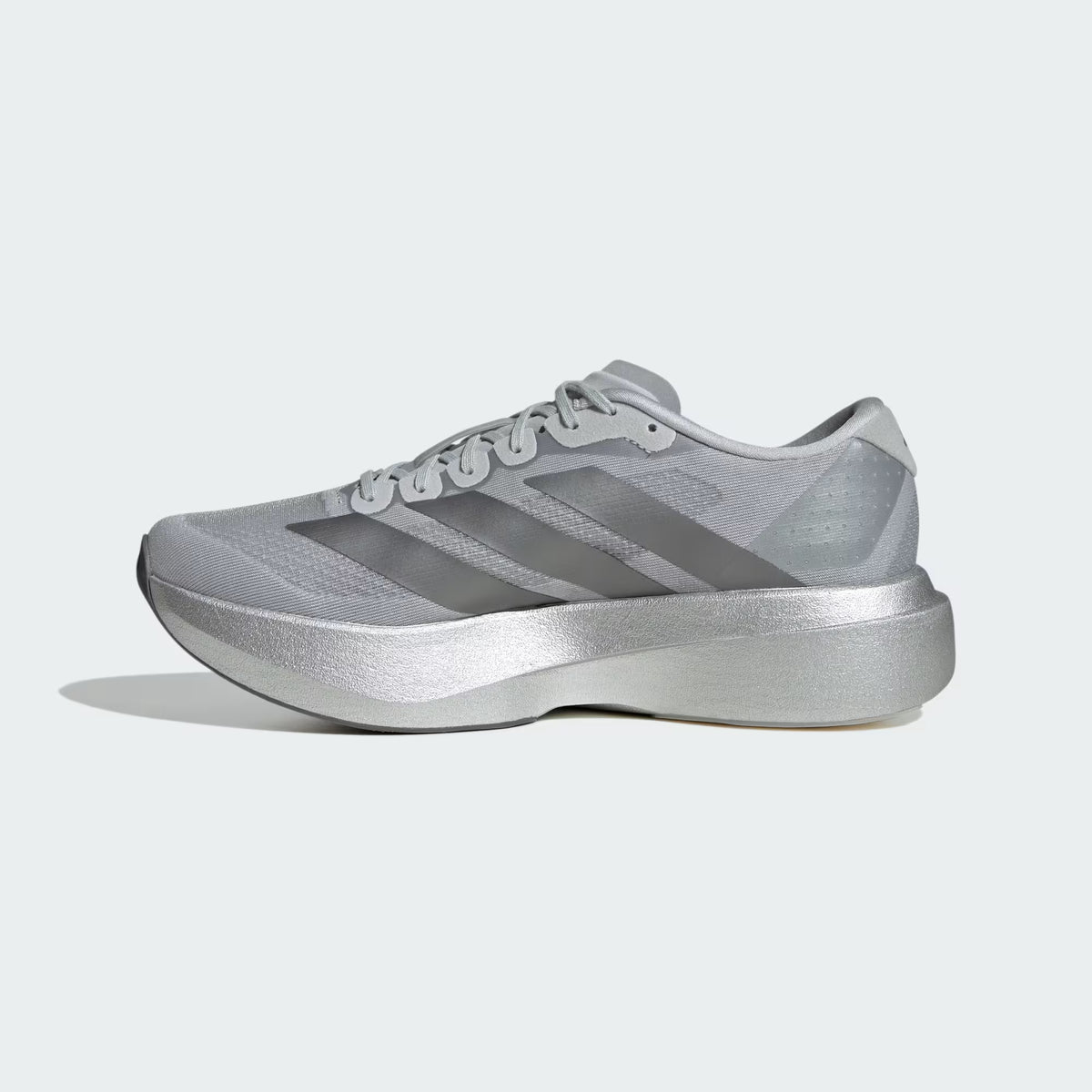 Men's Adidas Adizero EVO SL. Silver upper. Silver midsole. Medial view.