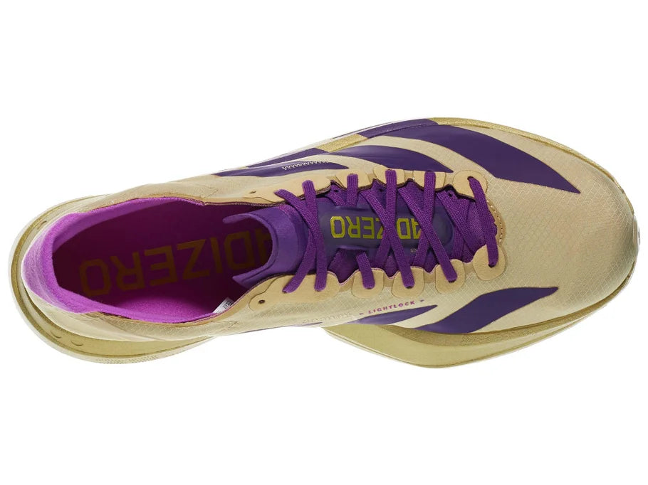 Men's Adidas Adizero Adios Pro 4. Tan upper. Gold midsole. Top view.