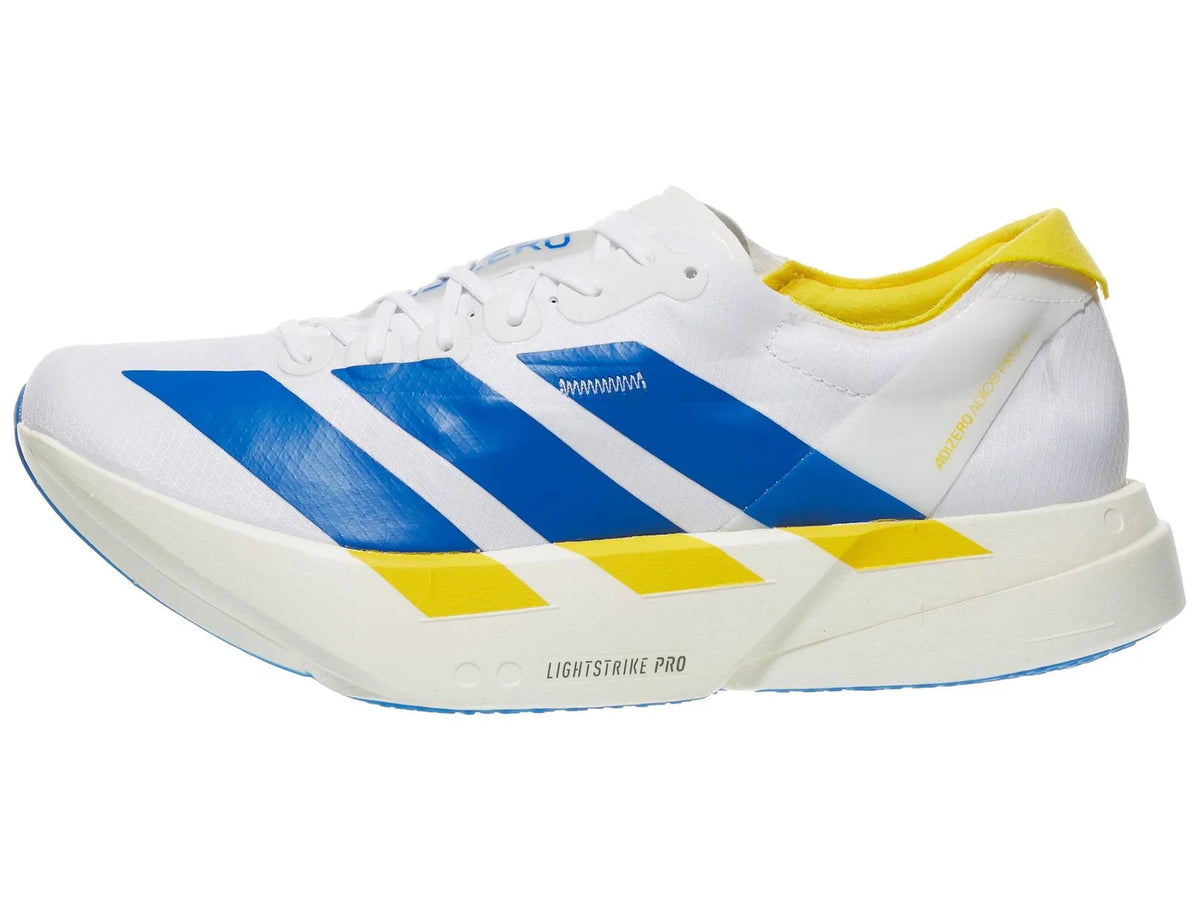 Men's Adidas Adizero Adios Pro 4. White and blue upper. White and yellow midsole. Lateral view.