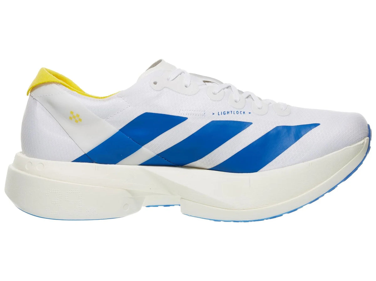 Men's Adidas Adizero Adios Pro 4. White and blue upper. White and yellow midsole. Medial view.