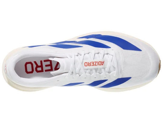 Men's Adidas Adizero Evo SL. White and blue upper. White midsole. Top view.