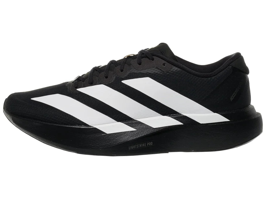 Men's Adidas Adizero Evo SL Woven. Black upper. Black midsole. Lateral view.