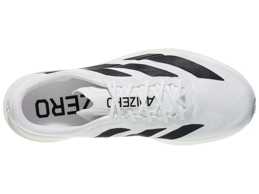 Men's Adidas Adizero EVO SL Woven. White upper. White midsole. Top view.