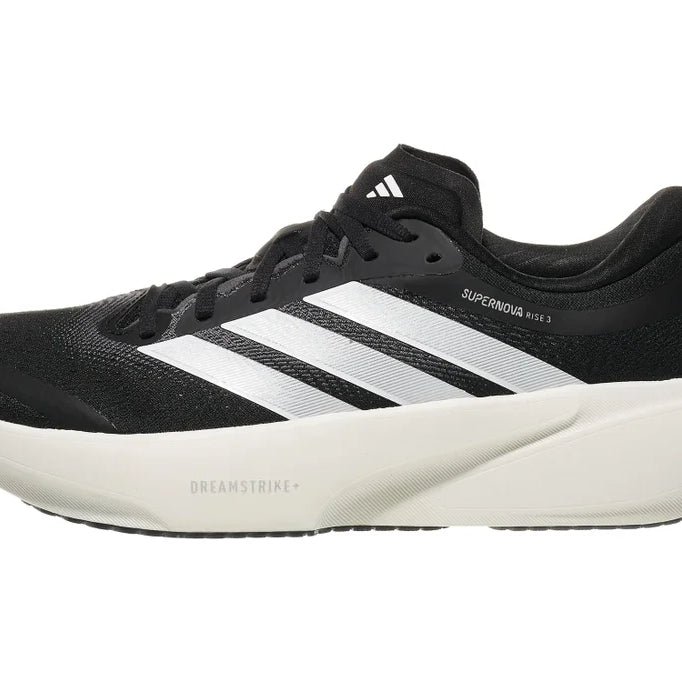 Men's Adidas Supernova Rise 3. Black upper. White midsole. Lateral view.