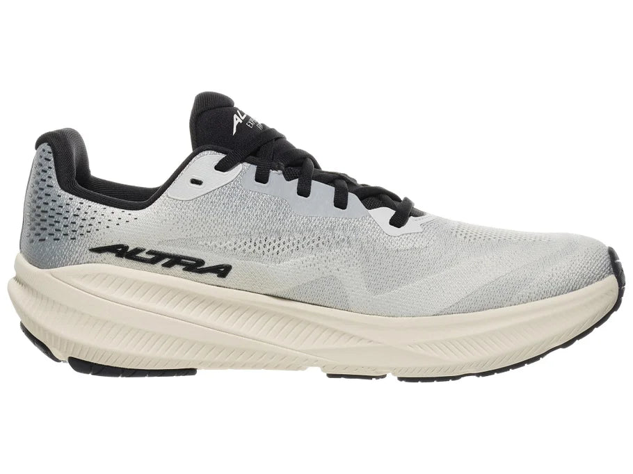Men's Altra Experience Flow 3. Light grey upper. Off-white midsole. Medial view.
