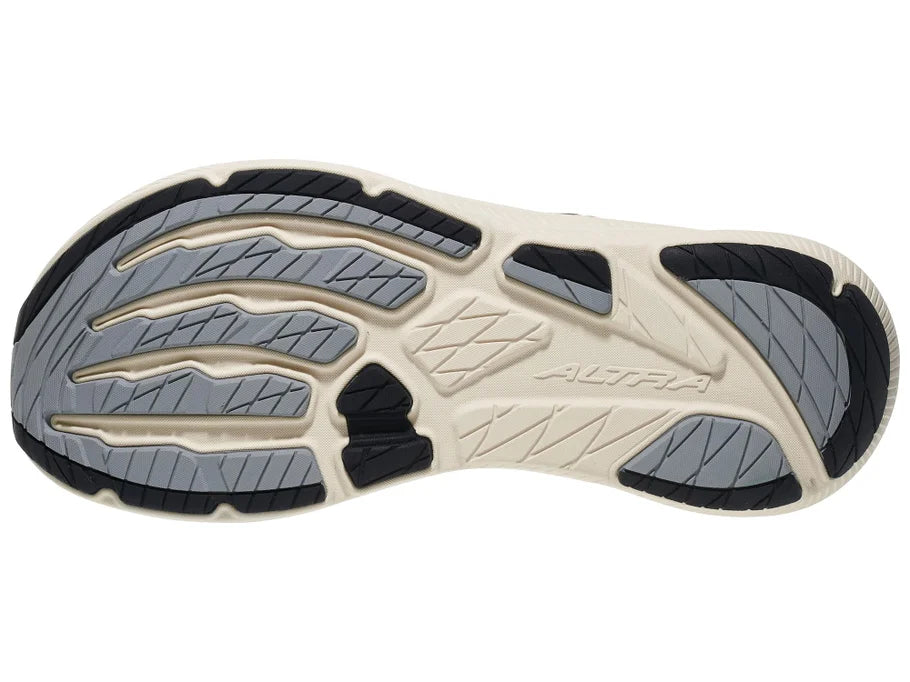 Men's Altra Experience Flow 3. Light grey upper. Off-white midsole. Bottom view.