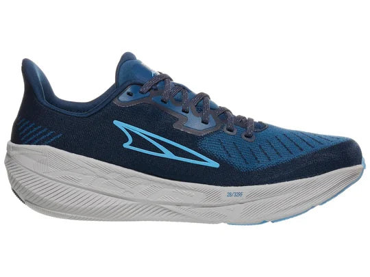 Men's Altra Experience Flow. Blue upper. Grey midsole. Medial view.