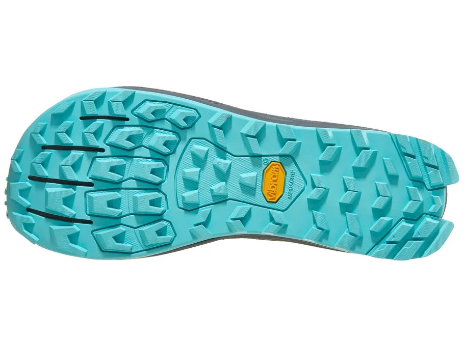 Men's Altra Lone Peak 9+. Black upper. Black midsole. Blue bottom. Bottom view.