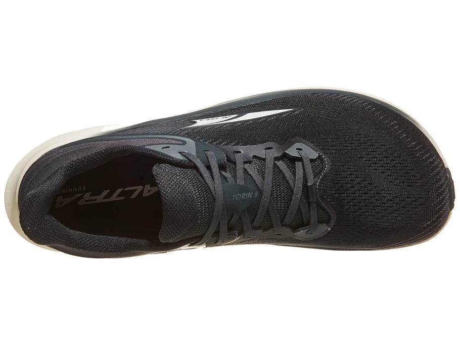 Men's Altra Torin 8. Black upper. White midsole. Top view.
