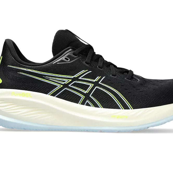 Men's Asics Gel-Cumulus 26. Black upper. Yellow midsole. Lateral view.