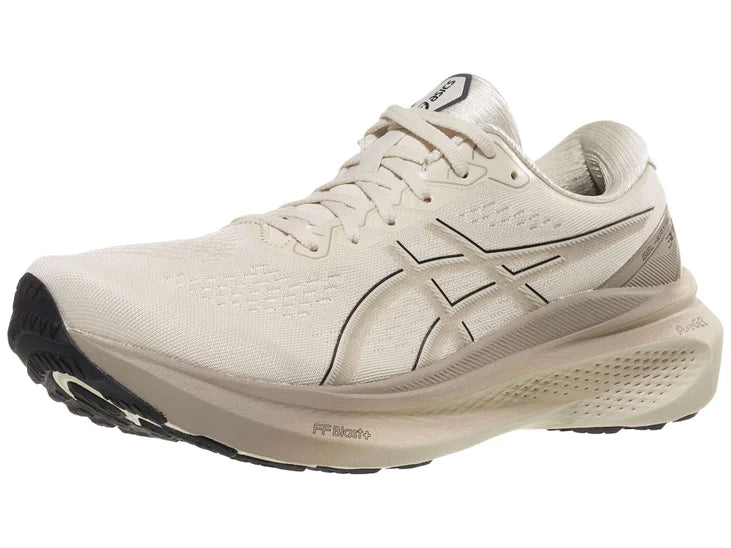 Men's Asics Gel Kayano 30. Off white upper. Tan midsole. Lateral view.