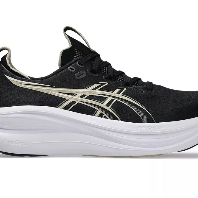 Men's Asics Gel-Nimbus 28. Black upper. White midsole. Lateral view.