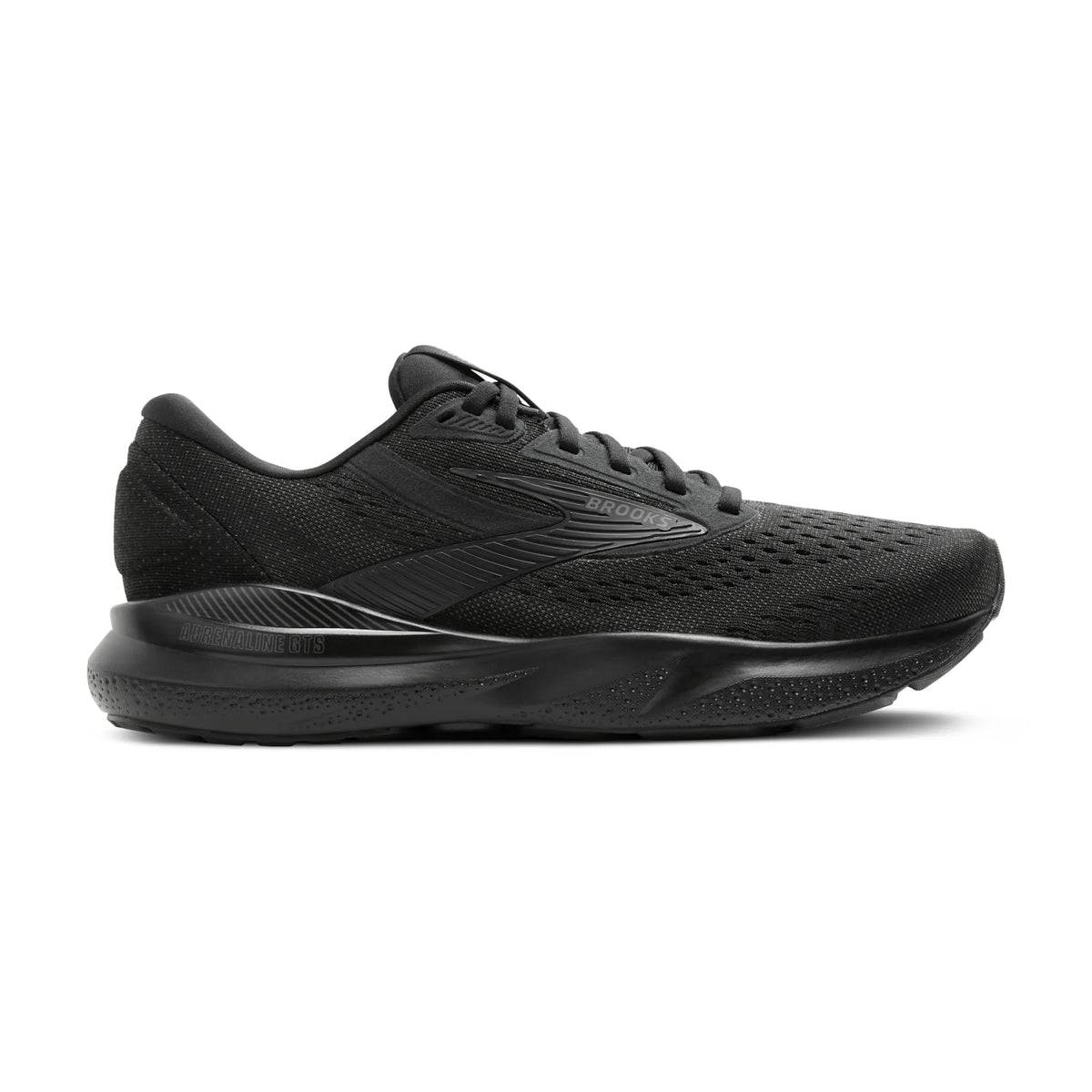 Men's Brooks Adrenaline GTS 24. Black upper. Black midsole. Lateral view.