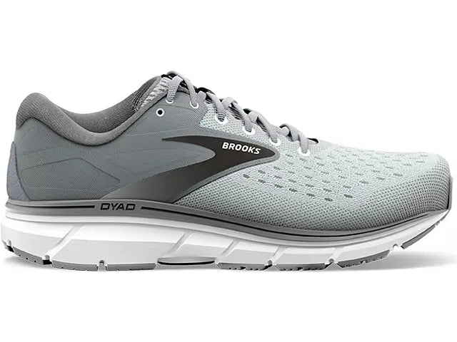 Men's Brooks Dyad 11. Grey upper. White midsole. Lateral view.