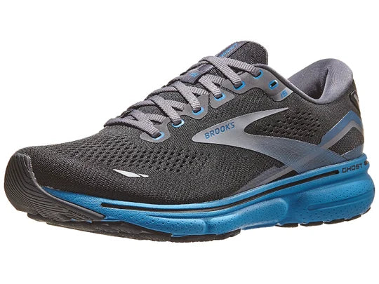 Men's Brooks Ghost 15. Black upper. Blue midsole. Lateral view.