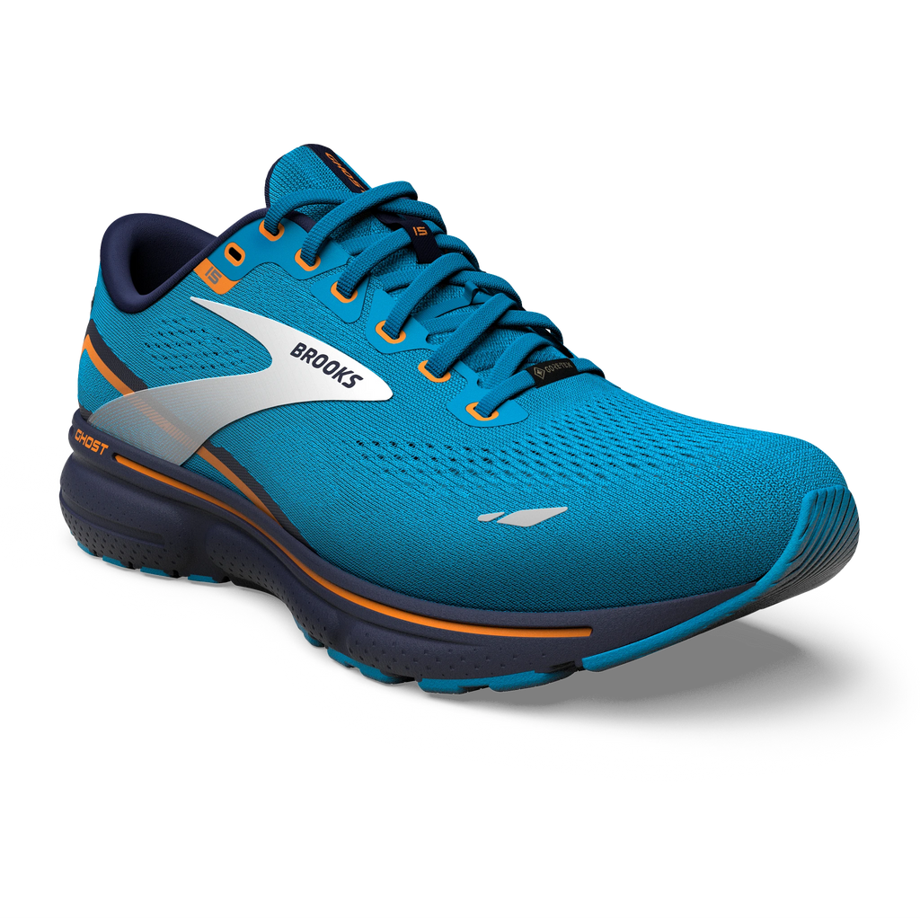 Men's Brooks Ghost 15 GTX. Blue upper. Navy midsole. Lateral view.