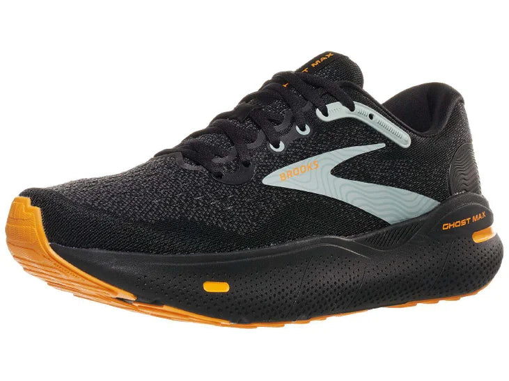 Men's Brooks Ghost Max. Black upper. Black midsole. Lateral view.