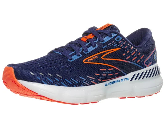 Men's Brooks Glycerin GTS 20. Blue upper. White midsole. Lateral view.