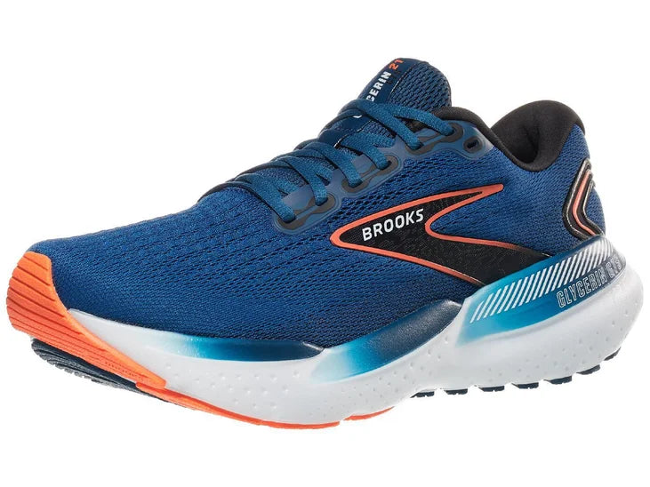 Men's Brooks Glycerin GTS 21. Blue upper. White midsole. Lateral view.