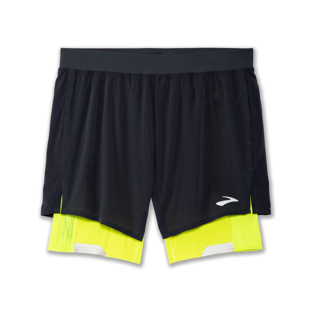Men's Brooks Run Visible 5" 2-in-1 Shorts. Black/Yellow. Front view.