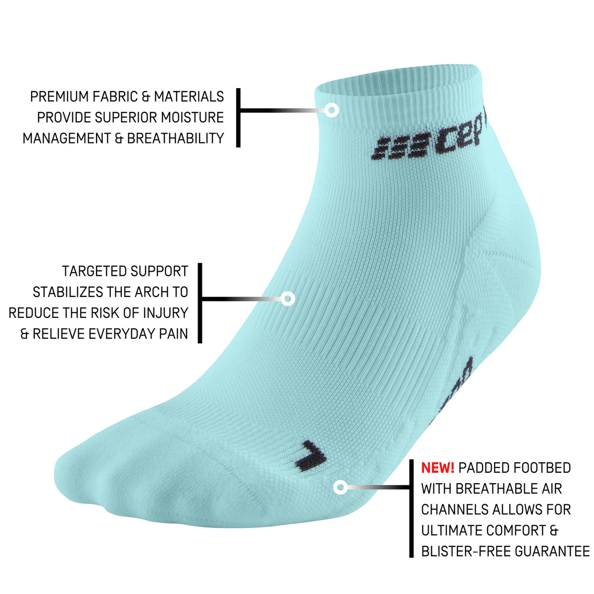 Men's CEP The Run 4.0 Low Cut Socks. Light Blue. Tech sheet.