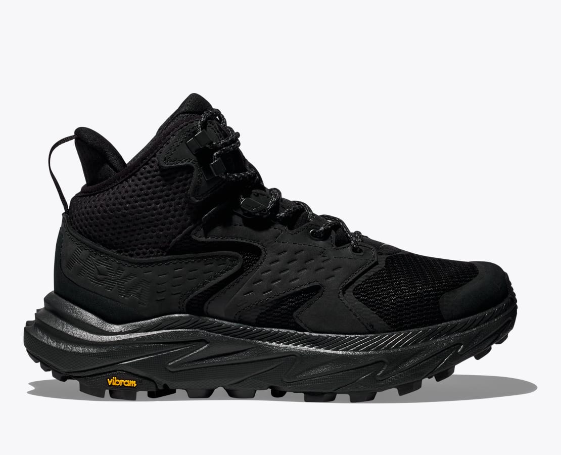 Men's Hoka Anacapa 2 Mid GTX. Black upper. Black midsole. Lateral view.