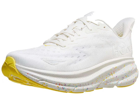 Men's Hoka Clifton 9. White upper. White speckled midsole. Lateral view.