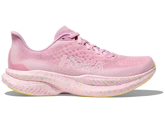 Men's Hoka Mach 6. Pink upper. Pink speckled midsole. Lateral view.