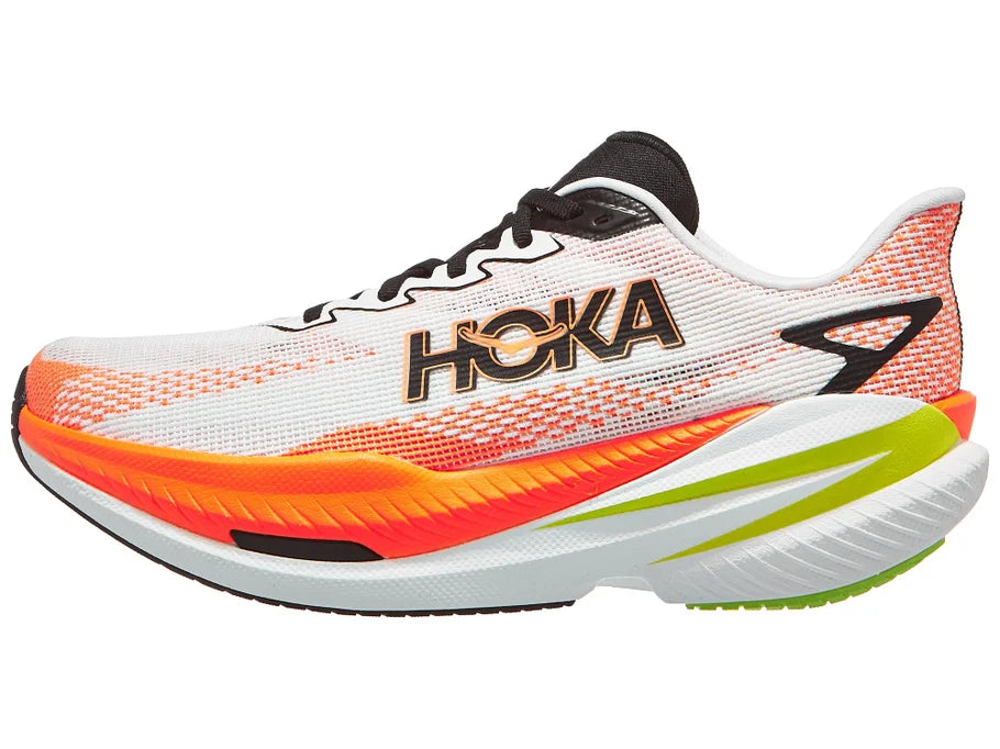 Men's Hoka Mach X3. White upper. Orange/White midsole. Lateral view.