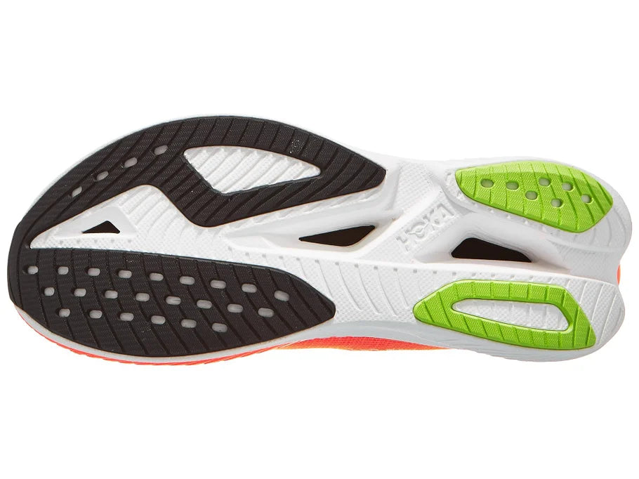 Men's Hoka Mach X3. White upper. Orange/White midsole. Bottom view.