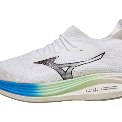 Men's Mizuno Neo Zen. White upper. Multicolored midsole. Lateral view.