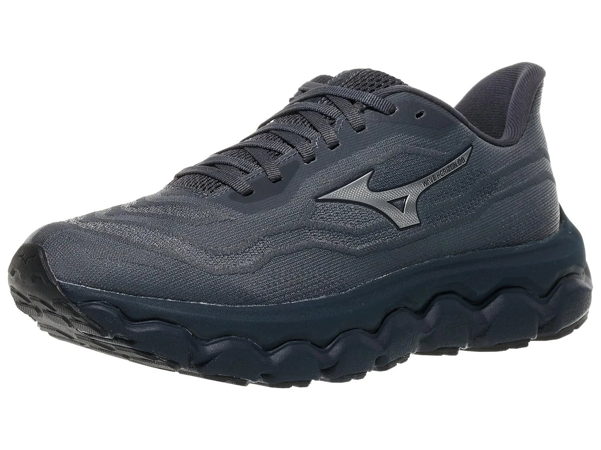 Men's Mizuno Wave Horizon 9. Dark grey upper. Black midsole. Lateral view.