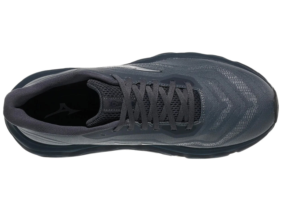 Men's Mizuno Wave Horizon 9. Dark grey upper. Black midsole. Top view.