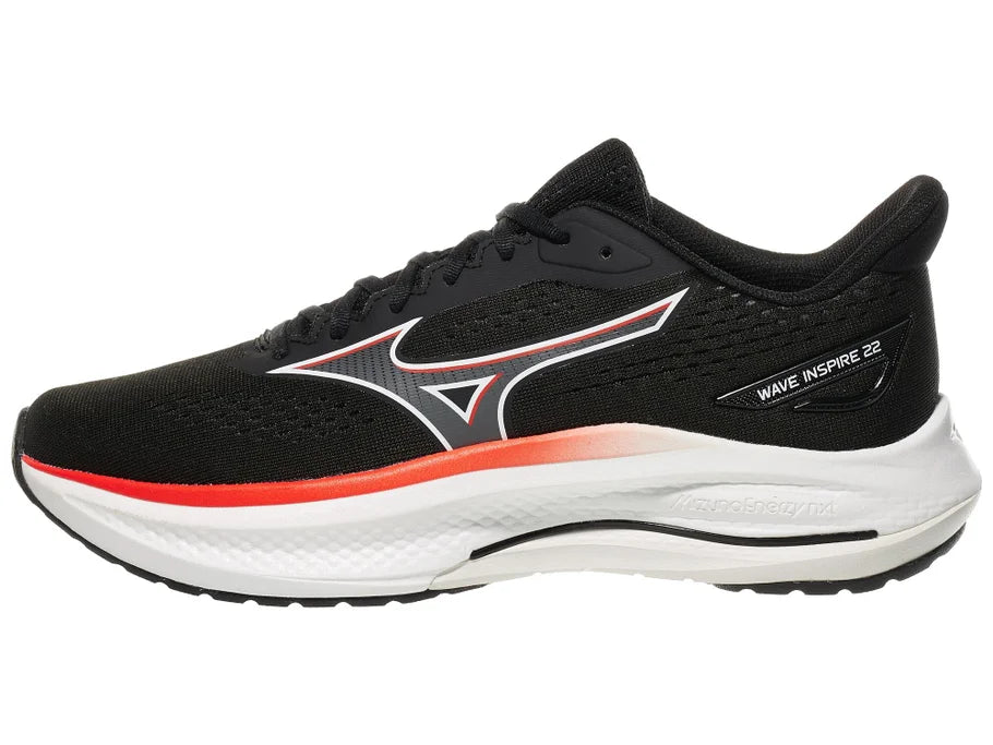 Men's Mizuno Wave Inspire 22. Black upper. White midsole. Lateral view.