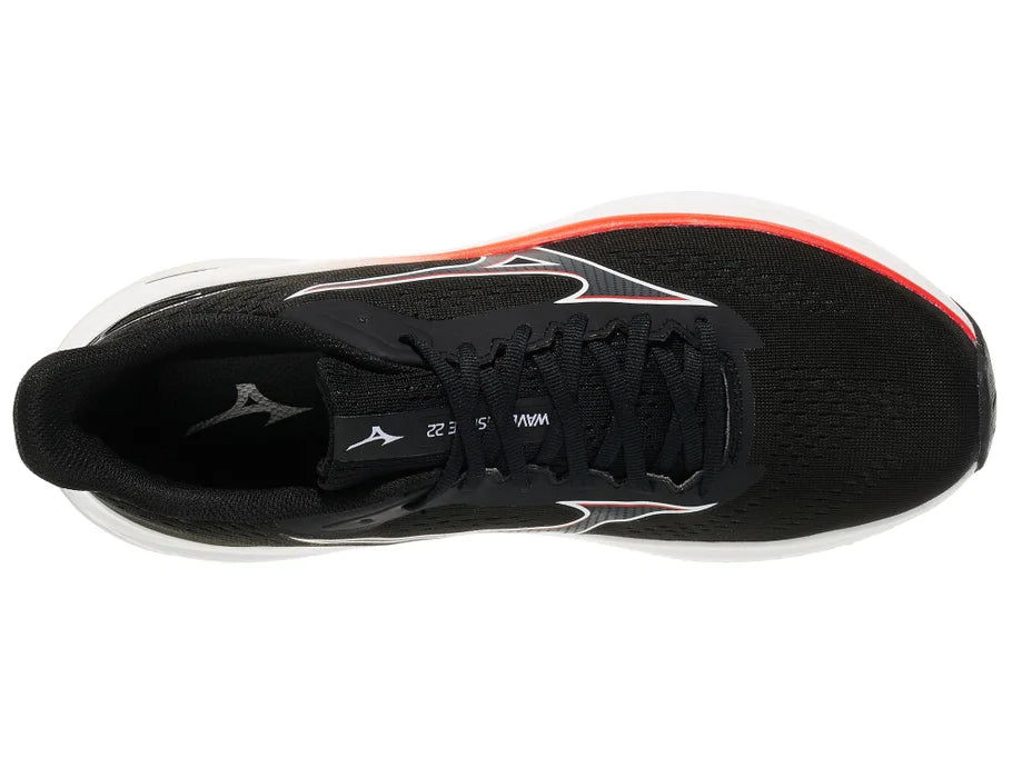 Men's Mizuno Wave Inspire 22. Black upper. White midsole. Top view.