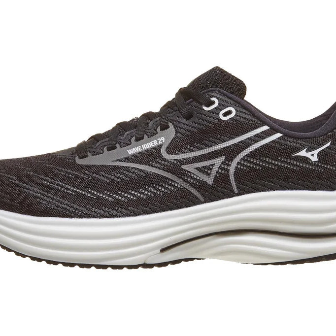 Men's Mizuno Wave Rider 29 in Black Sand/Quiet Shade, lateral view.