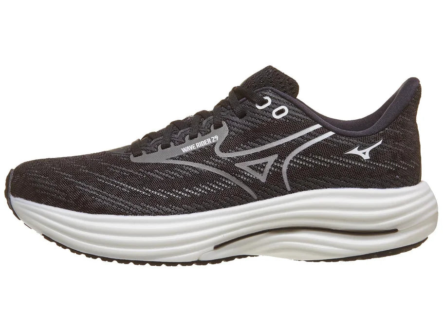 Men's Mizuno Wave Rider 29 in Black Sand/Quiet Shade, lateral view.