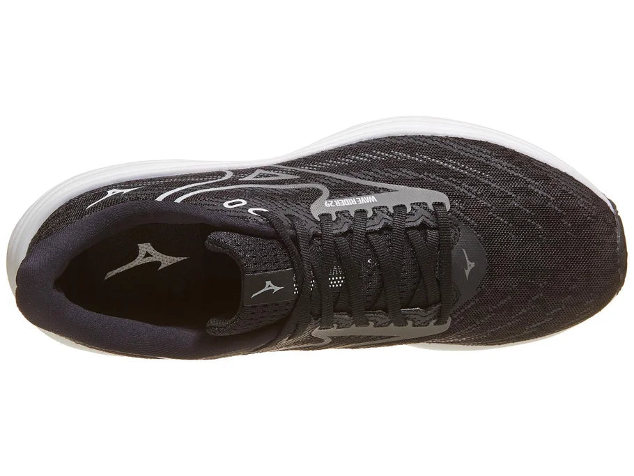 Men's Mizuno Wave Rider 29 in Black Sand/Quiet Shade, top view.