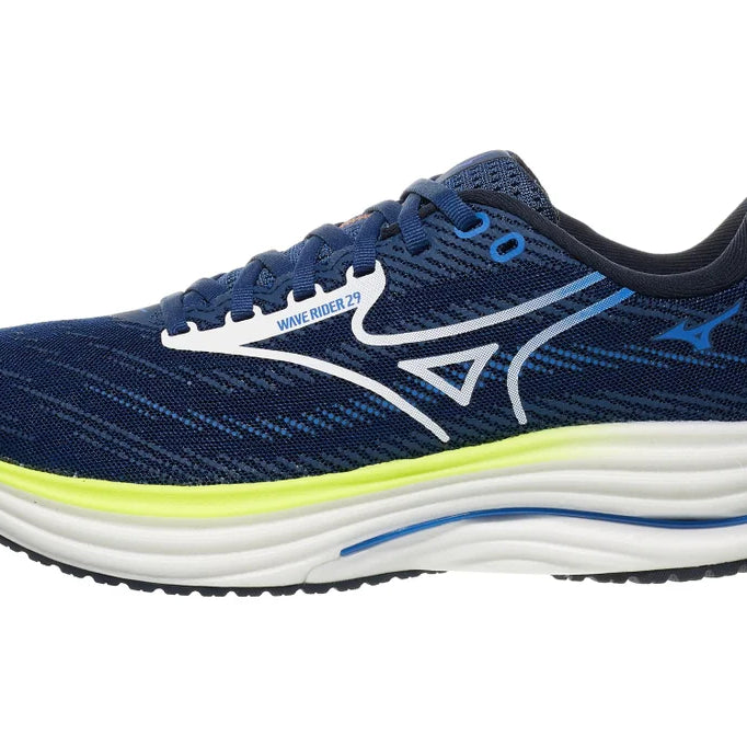 Men's Mizuno Wave Rider 29 in Estate Blue/White, lateral view.