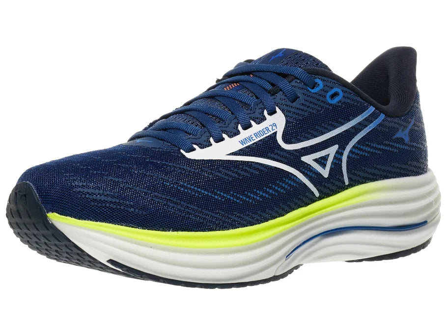 Men's Mizuno Wave Rider 29 in Estate Blue/White, lateral view.