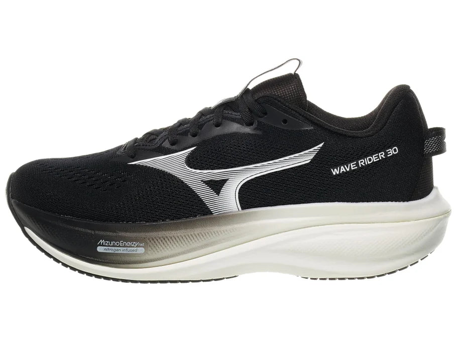 Men's Mizuno Wave Rider 30 in Black/White, alternate lateral view.