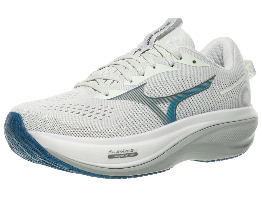 Men's Mizuno Wave Rider 30 in Foggy Dew/Dark Slate, lateral view.