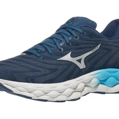 Men's Mizuno Wave Sky 8. Blue upper. White midsole. Lateral view.