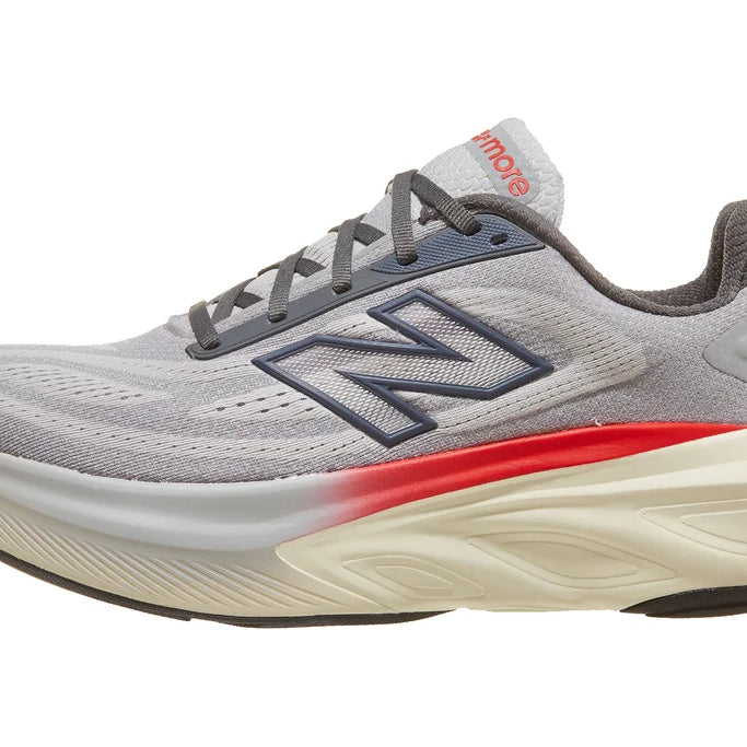 Men's New Balance Fresh Foam X More v6. Grey upper. Off White midsole. Lateral view.
